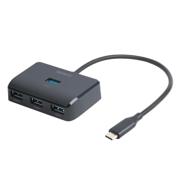 USB-C-keskitin, 4 USB-A-porttia, 5 Gbit/s, lisävirtalähde, musta