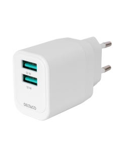 USB-sein&auml;laturi, 2x USB-A, 12 W per portti, maksimiteho yhteens&auml; 12 W, valkoinen